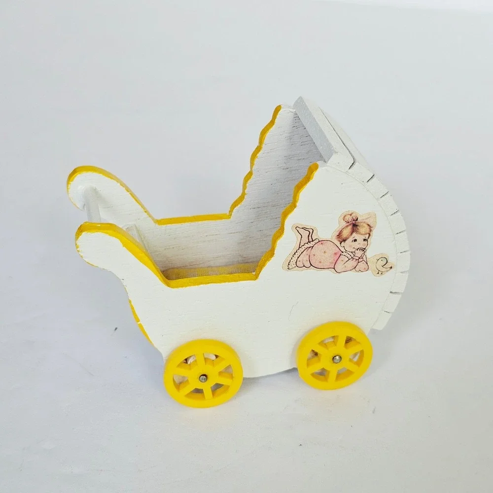 Vtg Retro Miniature Wooden Baby Carriage Plastic Bassinet Nursery Set Dollhouse